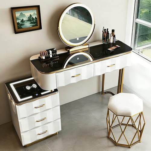 JIANRUI Vanity Dressing Table with Tri-colour Mirror & Movable Side Cabinet - Makeup Desk with Wireless Charging, Bluetooth Speaker & Stool for Bedroom (White)