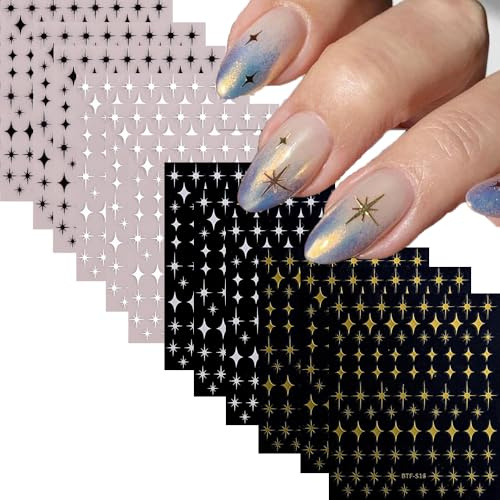Nymora 12 Sheets Gold Star Nail Art Stickers Decals 3D Self Adhesive Gold White Black Star Design Nail Art Decal Supplies Accessories for Women Acrylic Manicure DIY Decoration
