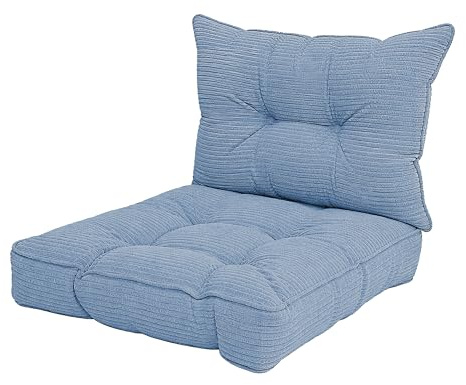 POKAR Stuhlkissen 2er Set 1x Sitzkissen 60x60x10 cm + 1x Rückenlehne 60x40x10 cm | Loungekissen aus Cord | Auflagen für Gartenstuhl und Rattanmöbel | Öko Tex Zertifiziert | Made In EU | Blau