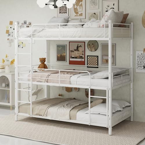 FammyLoft Triple Bunk Bed, White Metal 3 Sleeper Bunk Bed Frame 90x190cm, Heavy Duty Three Tier High Sleeper Bed with Safety Guard Rail & Ladder, Space Saving Bed for Kids Adults Dormitory