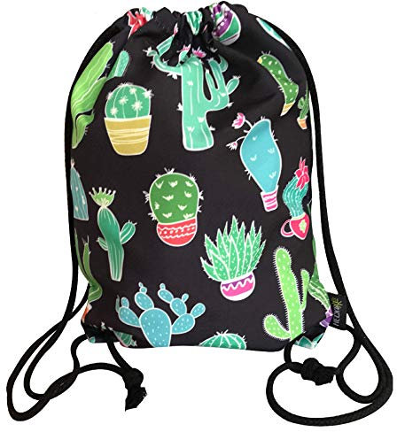 HECKBO Turnbeutel für Frauen & Mädchen aus Baumwolle (schwarz) - beidseitig mit Kaktus Motiven bedruckt - für Alltag, Reise & Sport, Festival, Party - Gymsack, Rucksack, Sportbeutel mit Kordel