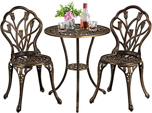 Yaheetech 3 Piece Patio Bistro Set, Garden Round Aluminum Table with 2 Chairs, Outdoor Antique Rose Vine Dining Furniture for Backyard, Porch, Balcony, Lawn, Bronze