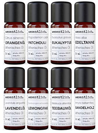 Ätherische Öle Set No. 1 (Basisdüfte) von wesentlich. Lavendel, Teebaum, Lemongras, Edeltanne, Eukalyptus, Patchouli, Sandelholz und Orange - 100% naturrein
