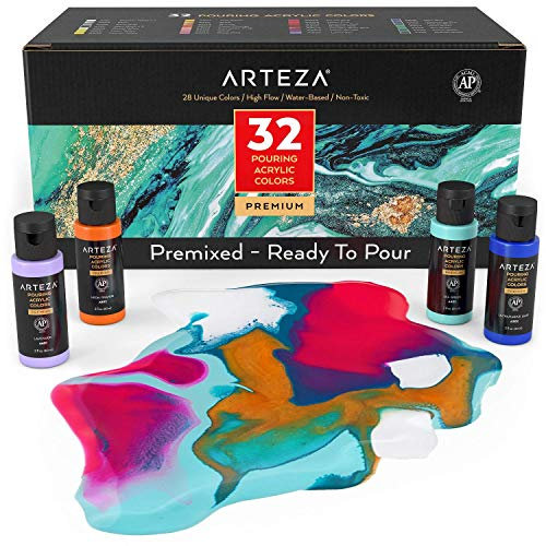 ARTEZA Peinture acrylique, Bouteilles de 2 oz, Ensemble de 32 couleurs assorties, Peinture acrylique à fort écoulement, Aucun mélange requis, Peinture pour verser sur toile, verre, papier, bois