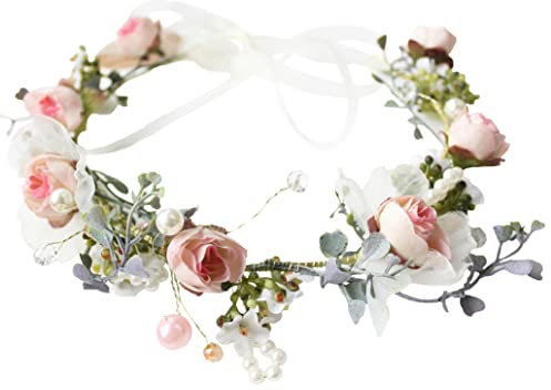 Brikuinr Bridal Floral Crown Pearl Flower Headband Hair Wreath Hair Garland Flower Halo Floral Headpiece with Ribbon Party Wedding Pinnk