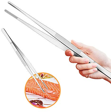 Cyimi Kitchen Tweezers Tongs Stainless Steel 12 Inch Long Tweezers Heavy Duty large food tweezers with Precision Serrated Tips for Cooking and Medical (12 Straight)