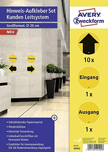 AVERY Zweckform Hinweis Aufkleber Pfeile (ø20 cm, 12 Warnschilder, je 1x Hinweisschild Eingang und Ausgang sowie 10x Richtungspfeile für Handel, Gastro, Firma) 49402