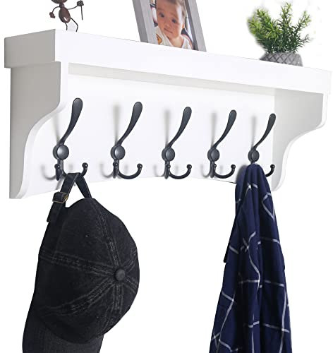 WEBI Wall Mounted Coat Rack with Shelf,60cm Long White Wall Shelf with Hooks Underneath,5 Triple Hooks for Hanging Coats,Entryway