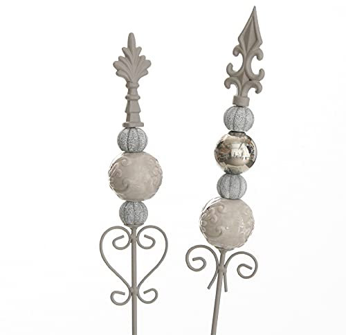 dekorativer Gartenstecker Motiv Lilie Metall hellgrau mit Keramik - Kugelornamenten im 2-er Set in 2 möglichen Farbvarianten hellgrau - taupe - silber oder creme-hellrose - silber (hellgrau - taupe)