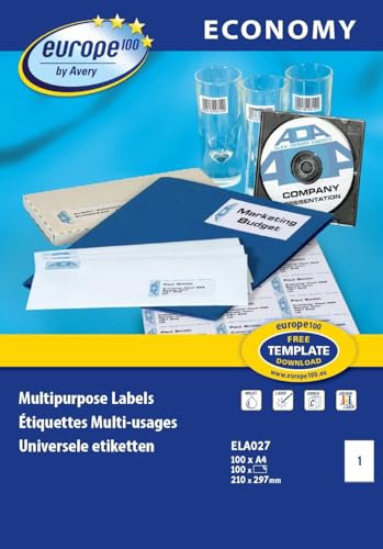 EUROPE 100 Mehrzweck-Etiketten, selbstklebend, 105 x 37 mm, Weiß, 1600 Stück