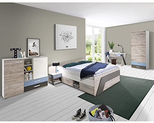 Lomadox Jugendzimmer Kinderzimmer Komplett Set, Sandeiche mit weiß Lava blau, 140 x 200 cm Jugendbett, Kleiderschrank, Nachttisch, Kommode, Schreibtisch