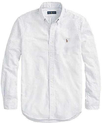 POLO RALPH LAUREN Men's Long Sleeve Classic Oxford Shirt, The Basic Blue/White Stripe, Medium