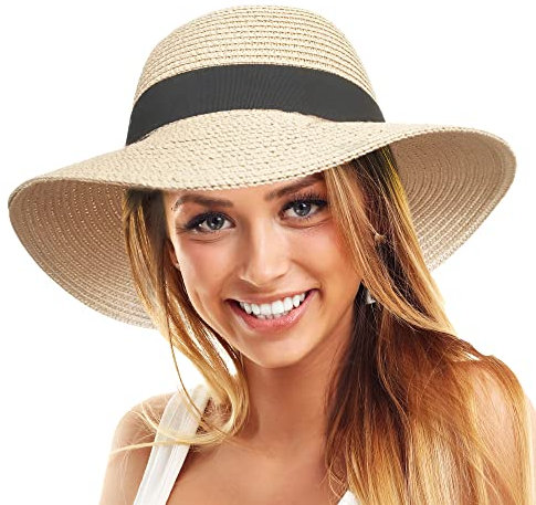 TOSKATOK Women's Straw Sun Beach Hat UPF 50+ Protects from UV Rays, Wide Brim, Packable for Travel and Holidays-Cream