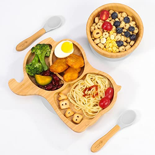 Vinsani Bamboo Elephant Plate Bowl and Spoon Set for Baby Toddler Kids Children, Suction Plate, Stay-Put Non-Slip Base Design, Hypoallergenic, Food-Grade Silicone and BPA-Free Baby Feeding Set (Grey)