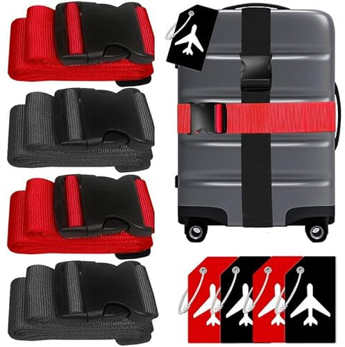 Frepea Koffergurte 4 Stück Kofferband mit Silikon Kofferanhänger Auffällig Gepäckgurt Einstellbare Kofferband mit Adressschild für Koffer Markierung (2 Schwarz+ 2 Rot)