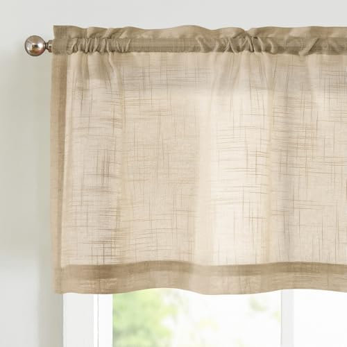 Vangao Tende moderne in voile, per cucina, colore beige, effetto lino, set da 1 pezzi, 130 x 40 cm, con passante per bastone, per soggiorno, roulotte, finestra, tenda corta, semitrasparente
