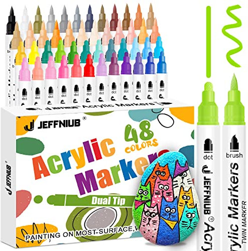 JEFFNIUB Acrylstifte für Steine Wasserfest Doppelspitze 48Farben Dual Tip Stifte für Glas, Holz, Stoff, multimarker steine bemalen Acrylmarker mit Runde Spitze&Pinselspitze