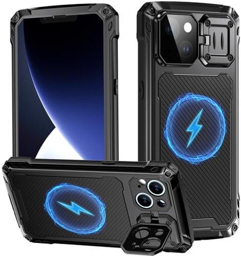 WIFOR für iPhone 14 Metall Hülle, kompatibel mit MagSafe, Handyhülle mit Kameraschutz Ständer, Militärnorm Sturzsfest Schutzhülle Heavy Duty Case mit Eingebautem Displayschutz, Schwarz
