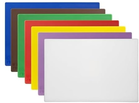 Hygiplas Low Density Polyethylene Chopping Boards 450x300x10mm, 7 Pack | Prevents cross-contamination in busy professional kitchens with an easy-to-clean design that is gentle on your knives.