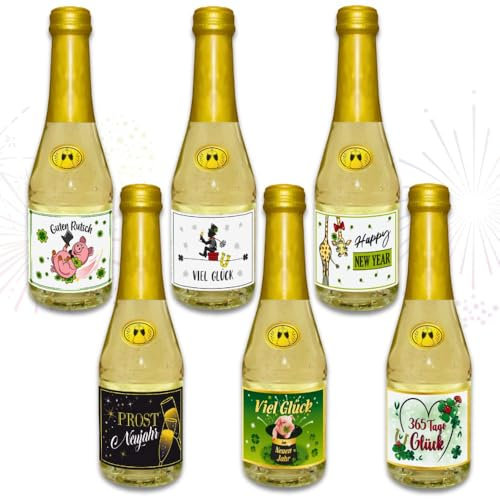 6x Piccolo 0,2l Geschenk zu Silvester Sekt 2025 Silvestergeschenk zum Jahreswechsel: happy new year | Viel Glück | Guten Rutsch | Prost Neujahr, Sekt Secco Beerenperlwein halbtrocken 8% vol.