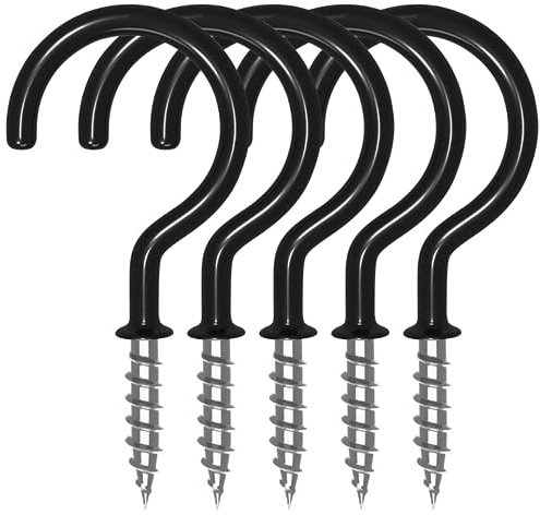 XFentech 16 Pezzi Ganci a Tazza - Nero Ganci per Soffitto in Metallo Gancio a Vite Rivestito in Plastica Ganci Avvitabili Ganci per Appendere Tazza Piante Luci - 2.9 Inch