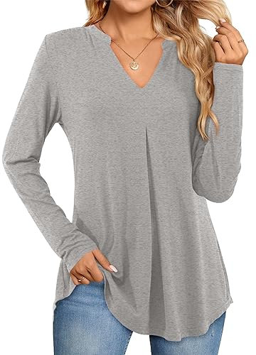 Beluring V Neck Tops for Women Casual Long Sleeve T-Shirts Basic Tee Shirt,Grey Size 12 14