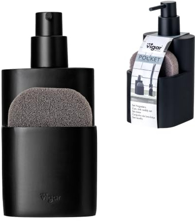 VIGAR – Seifen- und Schwammspender für die Küche – 8,3 x 9,3 x 17,7 cm – Tasche – Seifenspender mit Tasche für Topfreiniger – zum Schrubben von Geschirr – Schwarz