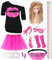 80er Jahre Outfit Damen 80er Jahre Kleidung Frauen Kostüm Accessoires Set mit T-Shirt 80er Perücke Tutu Bauchtasche Stirnband Ohrring Halskette Netzhandschuhe Thema Retro Neon Party Rosa 053RM