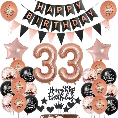 Palloncini decorazione 33 anni compleanno donna Nero Oro Rosa, palloncini 33 anni compleanno donna decorazione compleanno 33 anni donna decorazione torta 33 anni compleanno donna Oro Rosa