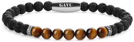 GAVU Herren Edelstein Armband mit Lavastein und Tigerauge Perlen M