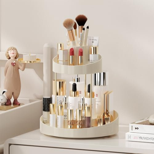 Baoswi 360° drehbarer Make-up Organizer, 2 Ebenen Parfüm Organizer, Hautpflege Kosmetik Organizer, Schminktisch Organizer für Lippenstifte, Make-up Pinsel, Lotion, Parfüm, Kosmetik (Beige)