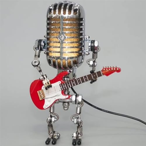 Qklovni Vintage Microphone Robot Desk Lamp, Metal Microphone Robot Lamp with Mini Guitar, Vintage Light Home Decor Nightstand Desk Lamp for Bedroom, Bar, Restaurant (Red)