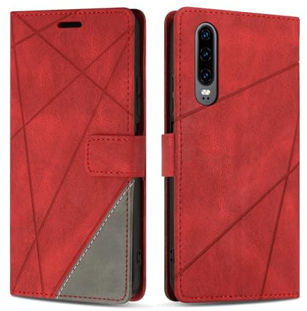 SONWO Handyhülle für Huawei P30 Hülle, Premium PU Leder Handyhülle Wallet Silikon Schutzhülle Klapphülle für Huawei P30, Rot