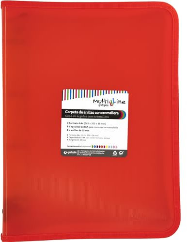 Grafoplás Raccoglitore ad anelli con cerniera A4+, rosso, multiline, 4 anelli misti 25 mm, copertina in polipropilene a righe verticali, capacità extra per fogli di carta formato foglio