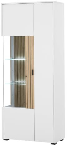 Lomadox Vitrinenschrank Vitrine Standvitrine Glasvitrine Glastür Glasböden weiß matt mit Eiche Rillen 75x180x38 cm