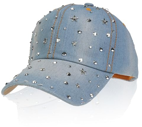 NiceYnn Cappello da baseball in denim a 6 pannelli con strass tempestati di strass, gioiello di diamante e perle, regolabile, cappello da camionista, hip hop, sport all'aria aperta, sole e golf, Più