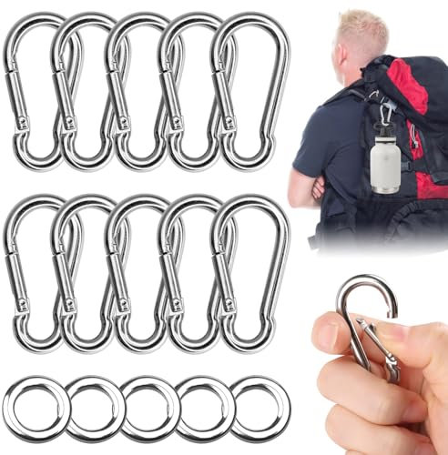 TNOMSNO Mousqueton,Mousqueton INOX Mousquetons Mousqueton Porte Clé, 10 Mousquetons et 5 Anneaux en Acier Inoxydable, Mousqueton pour Hamacs, Camping, Pêche
