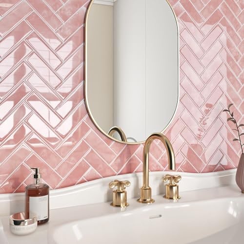 Livelynine Tile Stickers for Bathroom Wall Pink 3D Stick on Tiles Kitchen Splashback Herringbone Pastel Pink 30x30CM 16 PCS Heat Resistant Peel and Stick Wall Tiles Shower Fireplace Marble