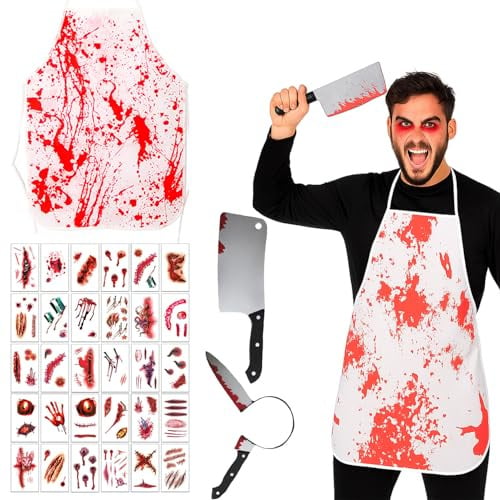 AEYAKA Metzger Halloween Kostüm Schlächter mit Blutiger Schürze, Blutigem Messer im Blutigen Kopf 30 Zombie Tattoo Aufkleber Kostüm Accessoire für Damen Herren Karneval, Cosplay, Masquerade