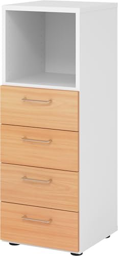 bümö smart Schubladenschrank, Büroschrank in Weiß/Buche mit 4 Schüben & 1 Regalfach - Bürocontainer aus Holz, Container mit Metallgriffen & Soft-Stop Schubladen