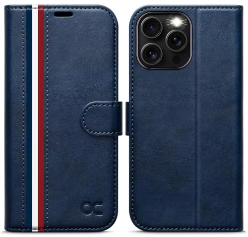 OCASE iPhone 16 Pro Max Hülle Handyhülle Premium PU Leder, Kartenfach Standfunktion, RFID Sthutzhülle Klapphülle Tasche Lederhülle Kompatibel für iPhone 16 Pro Max (6,9 Zoll) Stilvoll Blau