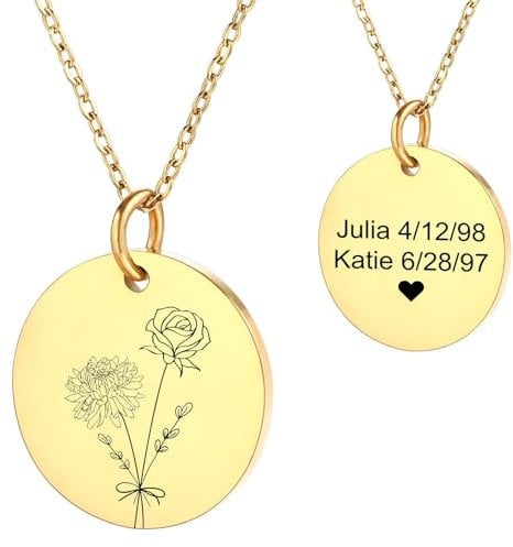 MeMeDIY Personalized Birth Flower Necklace for Women Floral Coin Necklace Stainless Steel Round Pendant with BirthStone Rose Gold/Silver/Gold Engraved Flower Bouquet Necklace -A2