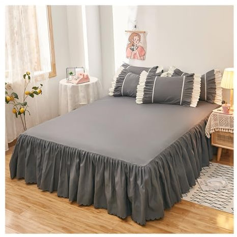 VONCYKI Cache-sommier 1/3 pièces à volants avec bande élastique de couleur unie, couvre-lit pour lit simple/grand lit/king size ou 2 taies d'oreiller (gris, jupe 3 pièces 180 x 200 cm)