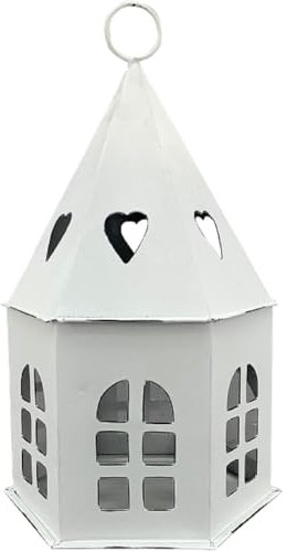 dekorative Tisch - Laterne aus Metall in Haus-Form Shabby weiß sechseckig ca. 13,5 cm Durchmesser x 24,5 cm hoch
