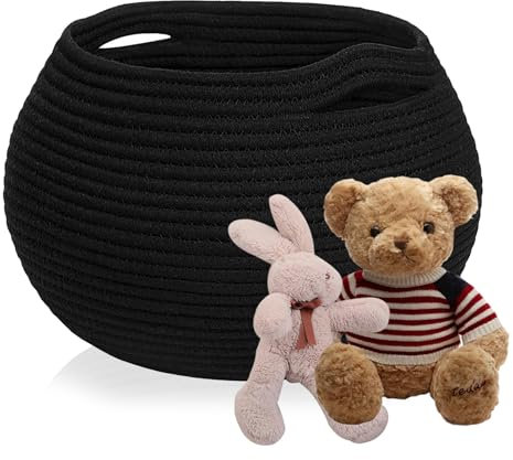 Aufbewahrungskorb Rund 25x21 cm,Geflochtener Korb Aufbewahrung aus Baumwolle für Spielzeug–Korb Geflochten Rund, Wohnzimmer Deko & Bad Organizer (Schwarz-25x21cm)
