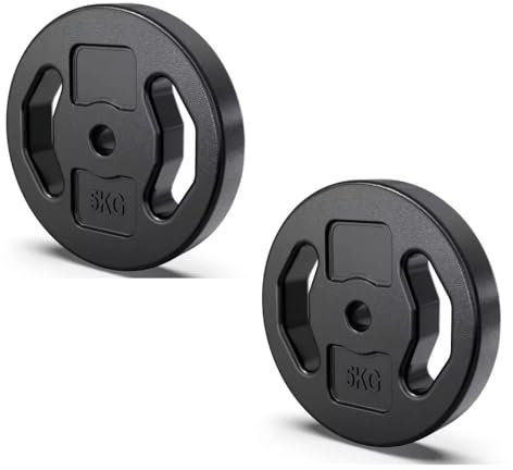 Discos pesas, pesas, 30mm, 2,5kg - 5kg - 10kg, ejercicios gimnasio en casa, barra gimnasio, mancuerna, rutina entrenamiento, guia entrenamiento personalizada (2 X 5 KG)