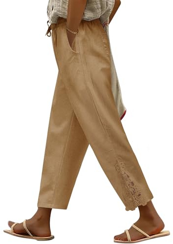 UMIPUBO Womens Trousers Summer 7/8 Length Cotton Lightweight Trousers Ladies Elasticated Waist Pants Beach Bottoms Trousers Ankle Tapered Casual Drawstring Work Holiday (Khaki, XL)