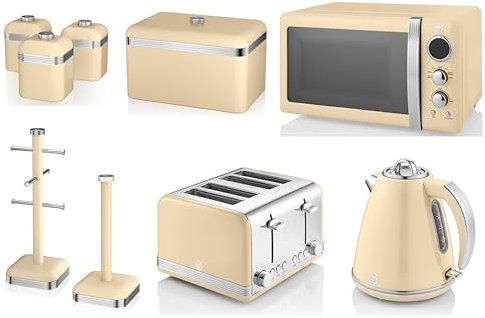 Swan Retro Cream 1.5L 3KW Jug Kettle, 4 Slice Toaster, 800W 20L Microwave, Bread Bin, Canisters, Mug Tree and Towel Pole. Matching Retro Design Kitchen Set of 9 in Cream