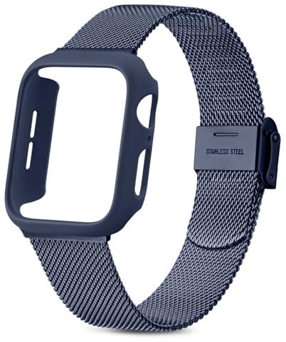 Yisica Cinturino per Apple Watch 45mm, Custodia Rigida Protettivo Cover, Metallo in Acciaio Inossidabile Cinturini Magnetico per iWatch 9/8/7 (Blu navy & Cinturino Blu navy, 45MM)