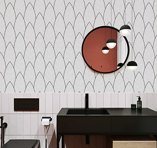 Selbstklebende Tapete Schwarz Weiß,44.5 x 1000cm Tapete Schwarz Geometrisch Tapete Schwarze Streifen Modern Tapete Fischgrät Vintage Möbelfolie Selbstklebend für Badezimmer Wohnzimmer Schlafzimmer
